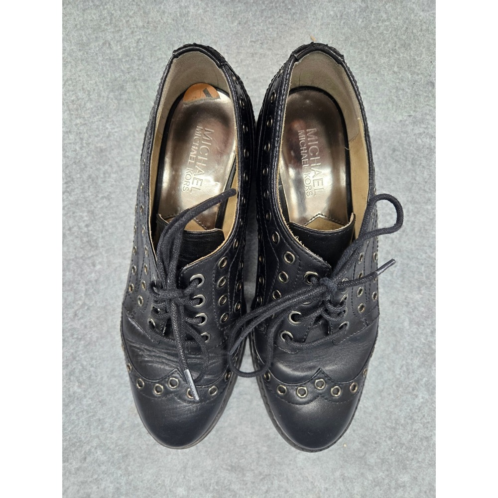 Michael Kors Black Leather Grommet Eyelet Lace Up Block Heel Oxfords 7M Goth - Picture 3 of 7